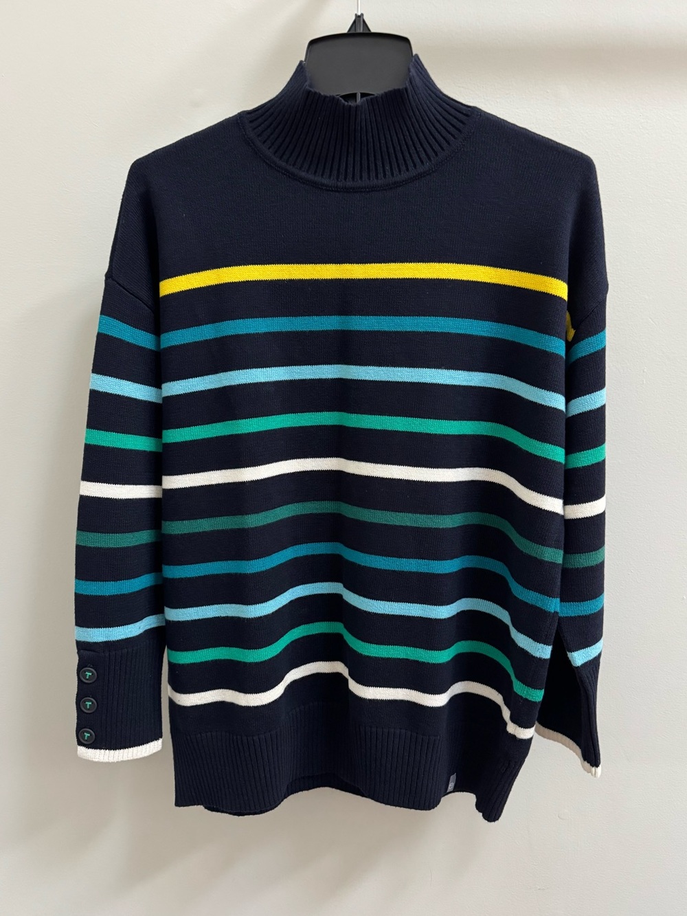 T by Talbots Striped Knit Mock Neck Sweater Navy Blue Multi Color Size L